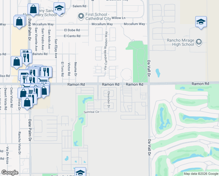 map of restaurants, bars, coffee shops, grocery stores, and more near 69411 Ramon Road in Cathedral City