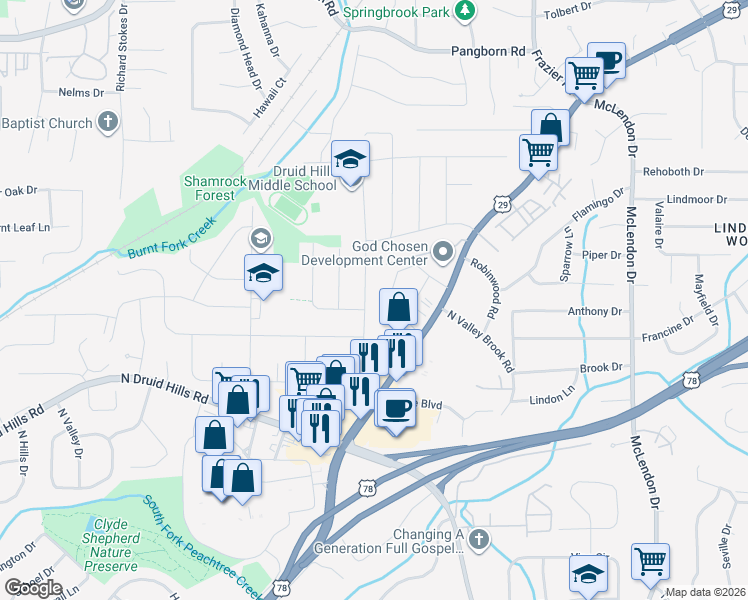 map of restaurants, bars, coffee shops, grocery stores, and more near 2985 Mount Olive Drive in Decatur
