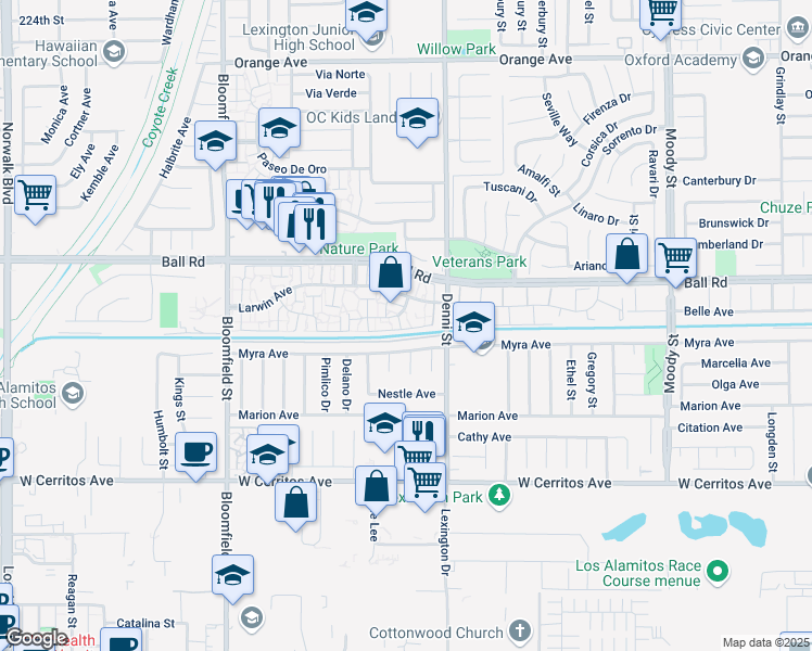 map of restaurants, bars, coffee shops, grocery stores, and more near 4398 Dina Court in Cypress