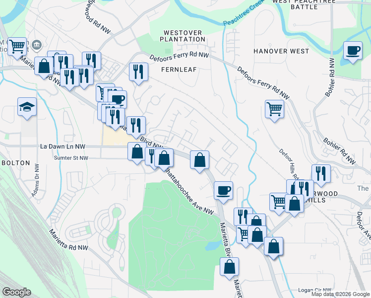 map of restaurants, bars, coffee shops, grocery stores, and more near 2139 Burnside Drive Northwest in Atlanta