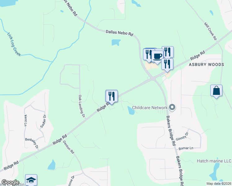 map of restaurants, bars, coffee shops, grocery stores, and more near 4445 Ridge Road in Douglasville