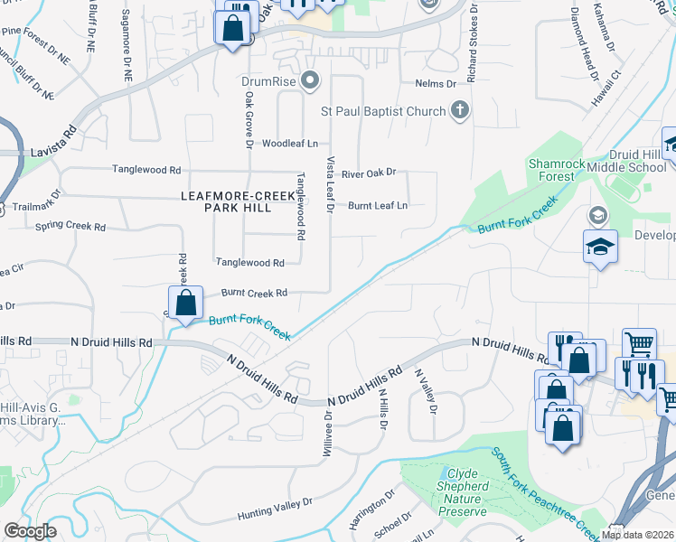 map of restaurants, bars, coffee shops, grocery stores, and more near 1231 Vista Leaf Drive in Decatur