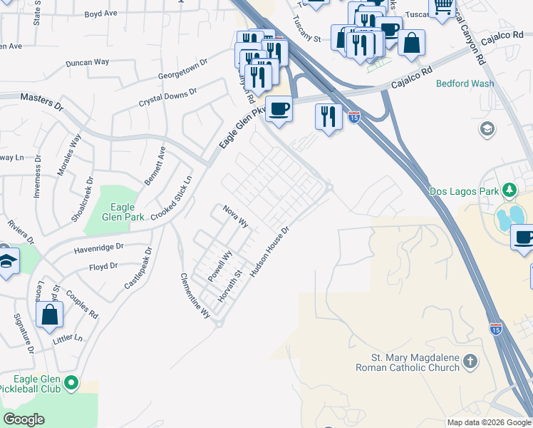 map of restaurants, bars, coffee shops, grocery stores, and more near 4079 Summer Way in Corona