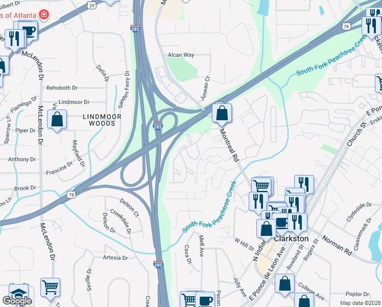 map of restaurants, bars, coffee shops, grocery stores, and more near 1108 Montreal Road East in Clarkston