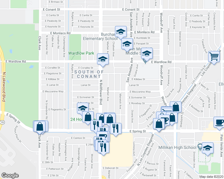 map of restaurants, bars, coffee shops, grocery stores, and more near 5541 East Mezzanine Way in Long Beach