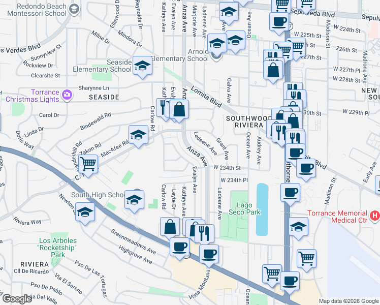 map of restaurants, bars, coffee shops, grocery stores, and more near 23217 Anza Avenue in Torrance