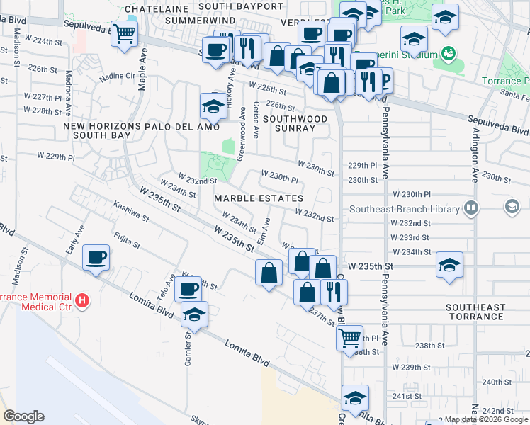 map of restaurants, bars, coffee shops, grocery stores, and more near 23215 Elm Avenue in Torrance