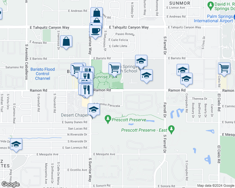 map of restaurants, bars, coffee shops, grocery stores, and more near 2033 Ramon Road in Palm Springs