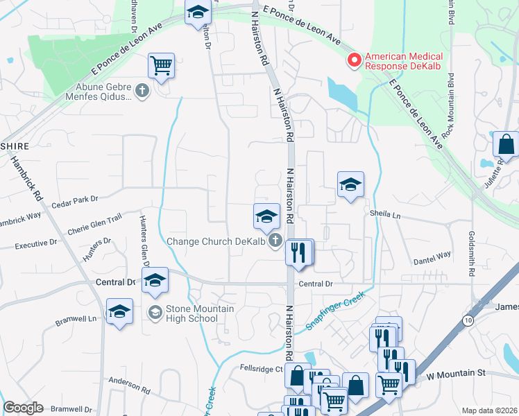 map of restaurants, bars, coffee shops, grocery stores, and more near 1234 Old Countryside Circle in Stone Mountain