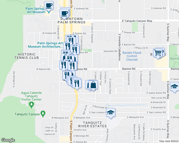 map of restaurants, bars, coffee shops, grocery stores, and more near 515 Calle Abronia in Palm Springs