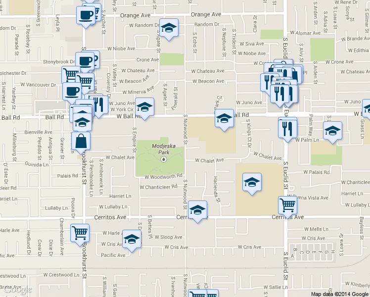 map of restaurants, bars, coffee shops, grocery stores, and more near 1873 West Castle Avenue in Anaheim