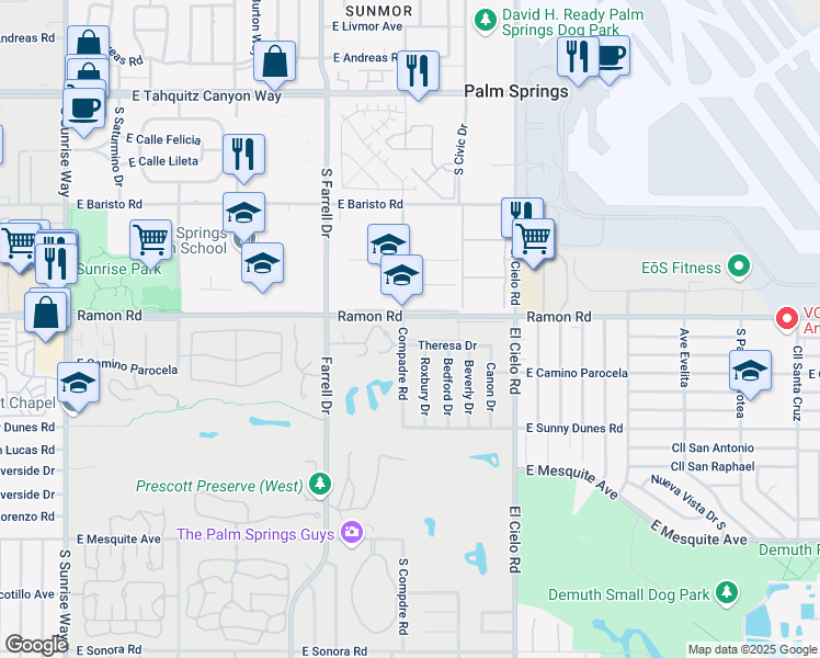 map of restaurants, bars, coffee shops, grocery stores, and more near in Palm Springs