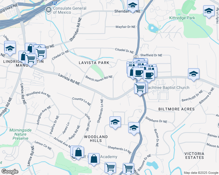 map of restaurants, bars, coffee shops, grocery stores, and more near 1248 Bernadette Lane Northeast in Atlanta