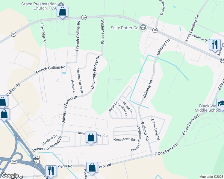 map of restaurants, bars, coffee shops, grocery stores, and more near 2301 Wilderness Road in Conway