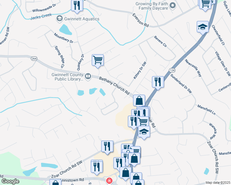 map of restaurants, bars, coffee shops, grocery stores, and more near 3830 Kittery Point Southwest in Snellville