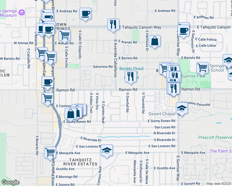 map of restaurants, bars, coffee shops, grocery stores, and more near 1085 Ramon Road in Palm Springs
