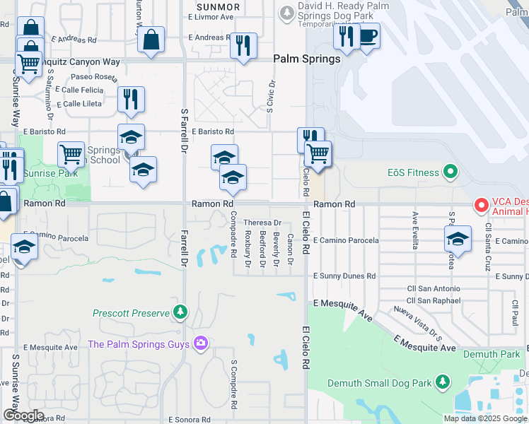 map of restaurants, bars, coffee shops, grocery stores, and more near 3155 Ramon Road in Palm Springs