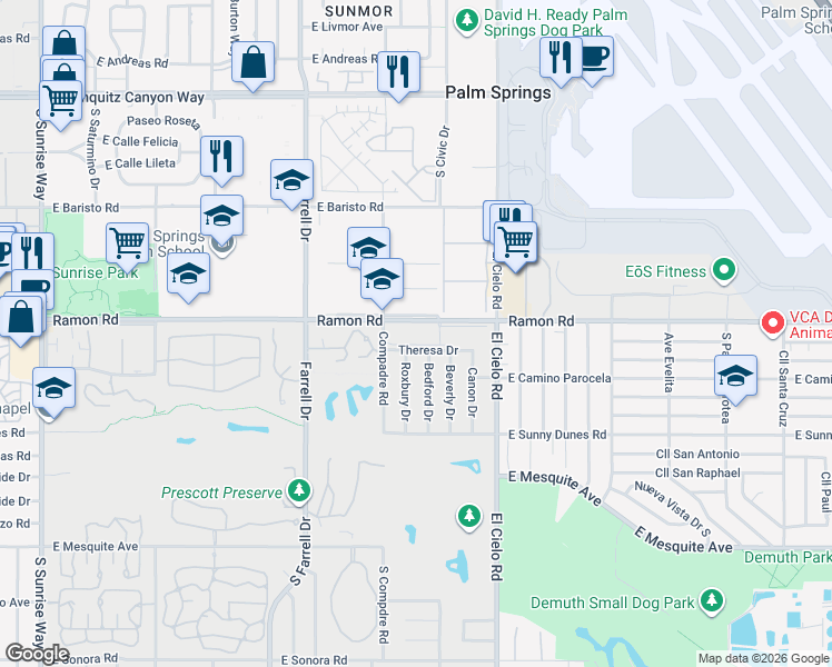 map of restaurants, bars, coffee shops, grocery stores, and more near 2900 Ramon Road in Palm Springs
