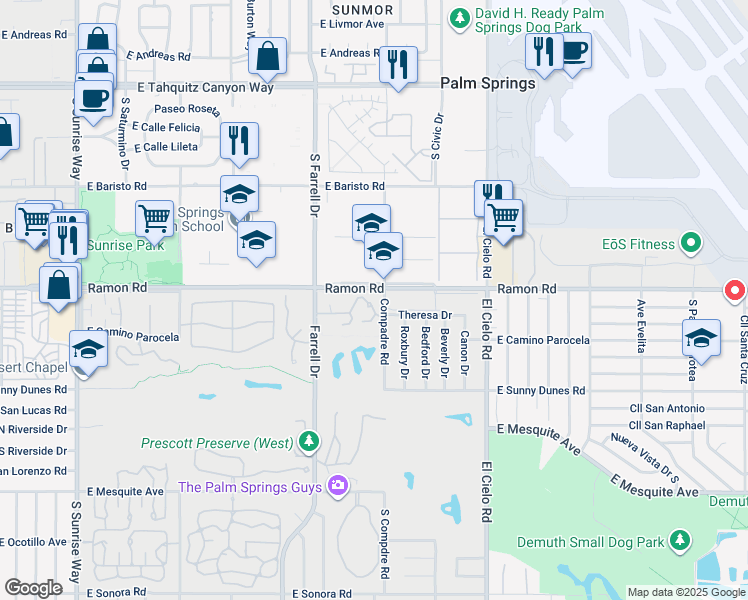 map of restaurants, bars, coffee shops, grocery stores, and more near in Palm Springs