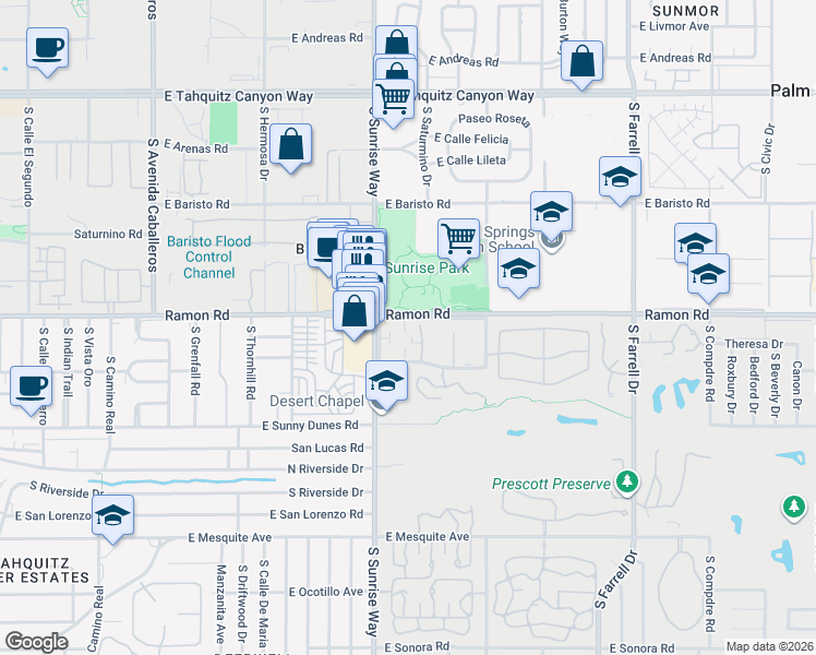 map of restaurants, bars, coffee shops, grocery stores, and more near 1745 Frontage Road in Palm Springs