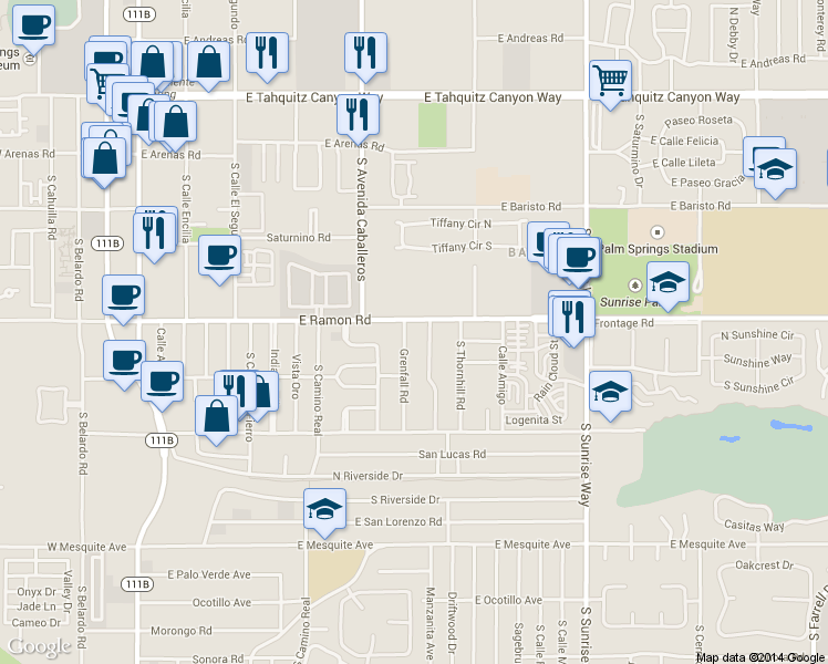 map of restaurants, bars, coffee shops, grocery stores, and more near 1050 Ramon Road in Palm Springs