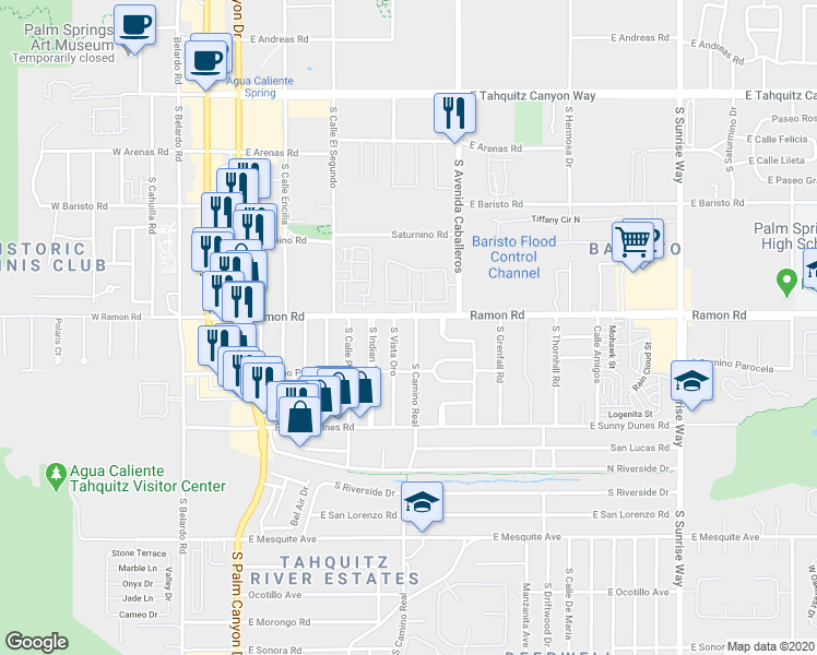 map of restaurants, bars, coffee shops, grocery stores, and more near 835 Village Square North in Palm Springs