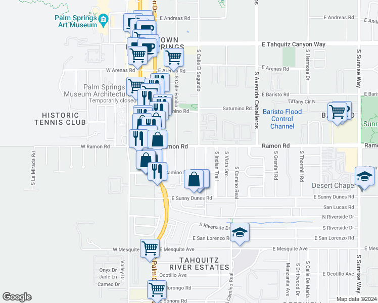 map of restaurants, bars, coffee shops, grocery stores, and more near 471 South Calle El Segundo in Palm Springs