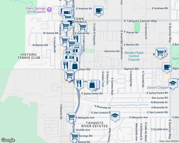 map of restaurants, bars, coffee shops, grocery stores, and more near 471 South Calle El Segundo in Palm Springs