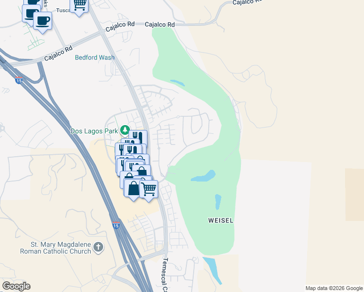 map of restaurants, bars, coffee shops, grocery stores, and more near 4350 Palazzo Lane in Corona