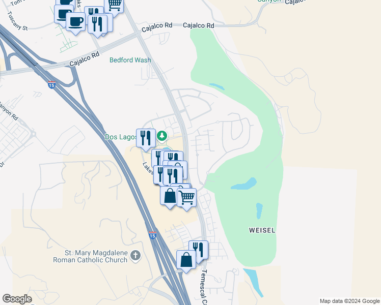 map of restaurants, bars, coffee shops, grocery stores, and more near 4304 Owens Street in Corona