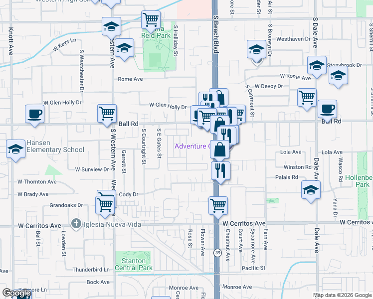 map of restaurants, bars, coffee shops, grocery stores, and more near 3050 West Ball Road in Anaheim