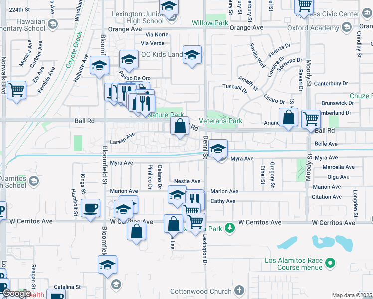 map of restaurants, bars, coffee shops, grocery stores, and more near 4398 Dina Court in Cypress