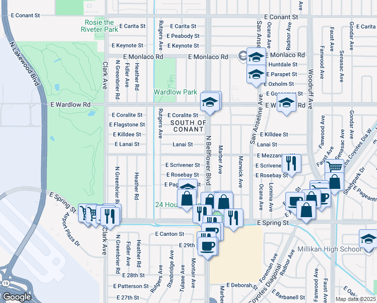 map of restaurants, bars, coffee shops, grocery stores, and more near 5416 Lanai Street in Long Beach