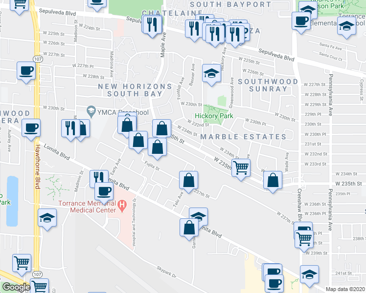 map of restaurants, bars, coffee shops, grocery stores, and more near 2887 West 235th Street in Torrance
