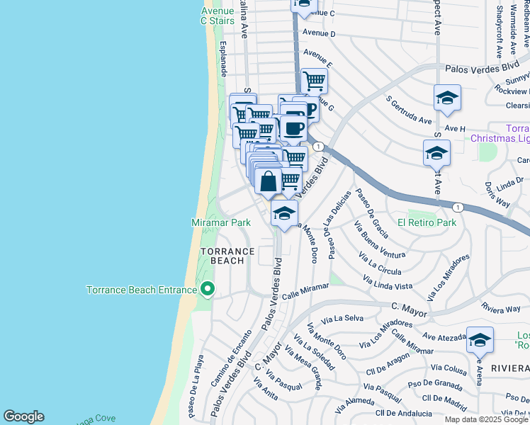 map of restaurants, bars, coffee shops, grocery stores, and more near 1900 Camino de la Costa in Redondo Beach