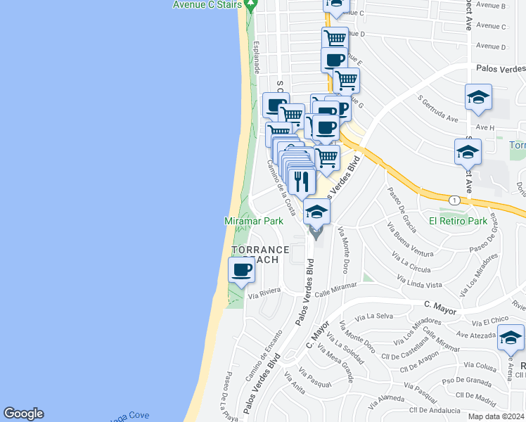 map of restaurants, bars, coffee shops, grocery stores, and more near 109 Paseo De La Playa in Redondo Beach