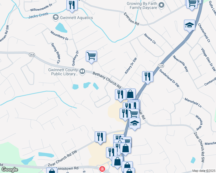 map of restaurants, bars, coffee shops, grocery stores, and more near 3830 Kittery Point Southwest in Snellville