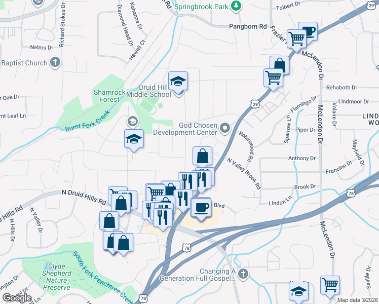 map of restaurants, bars, coffee shops, grocery stores, and more near 2985 Mount Olive Drive in Decatur