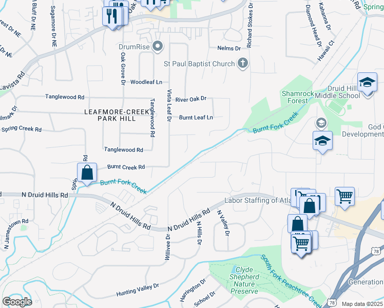 map of restaurants, bars, coffee shops, grocery stores, and more near 1243 Williamswood Pointe in Decatur