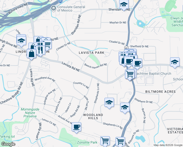 map of restaurants, bars, coffee shops, grocery stores, and more near 1452 Lavista Road Northeast in Atlanta