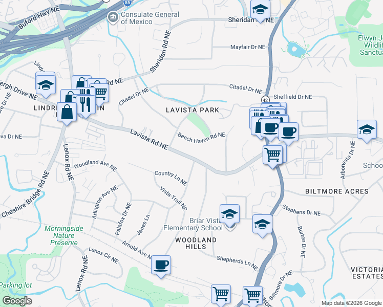 map of restaurants, bars, coffee shops, grocery stores, and more near 1452 Lavista Road Northeast in Atlanta