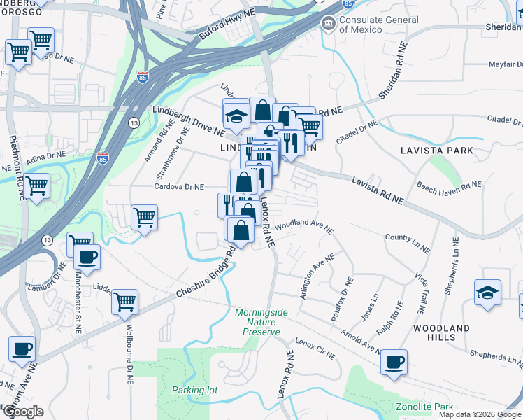 map of restaurants, bars, coffee shops, grocery stores, and more near 2220 Lenox Road Northeast in Atlanta