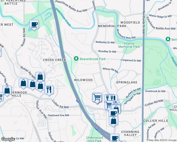 map of restaurants, bars, coffee shops, grocery stores, and more near 891 Glenbrook Drive Northwest in Atlanta