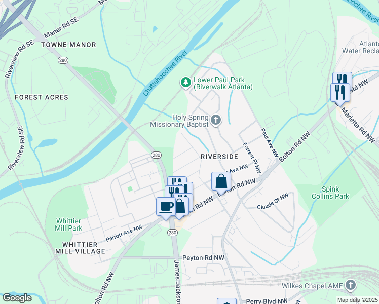 map of restaurants, bars, coffee shops, grocery stores, and more near 2216 Main Street Northwest in Atlanta