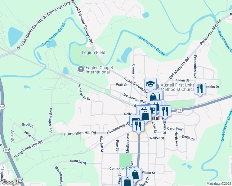 map of restaurants, bars, coffee shops, grocery stores, and more near 2917 Joe Jerkins Boulevard in Austell