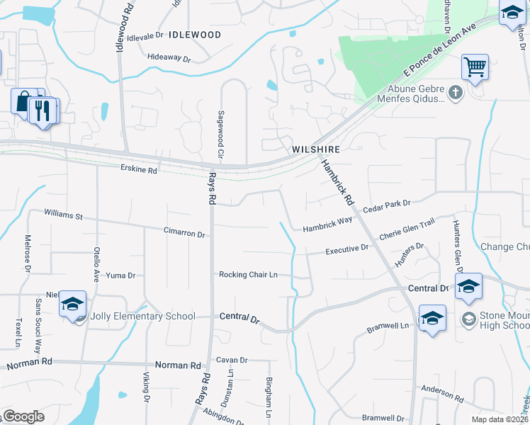 map of restaurants, bars, coffee shops, grocery stores, and more near 1242 Hambrick Ct in Stone Mountain
