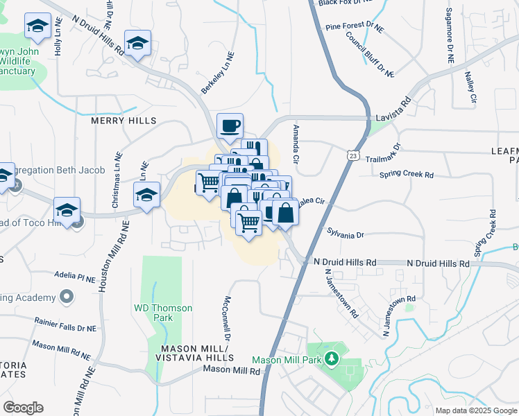 map of restaurants, bars, coffee shops, grocery stores, and more near 2935 North Druid Hills Road Northeast in Atlanta
