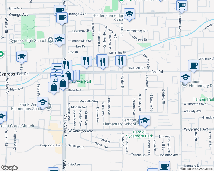 map of restaurants, bars, coffee shops, grocery stores, and more near 10092 Bernadette Avenue in Buena Park