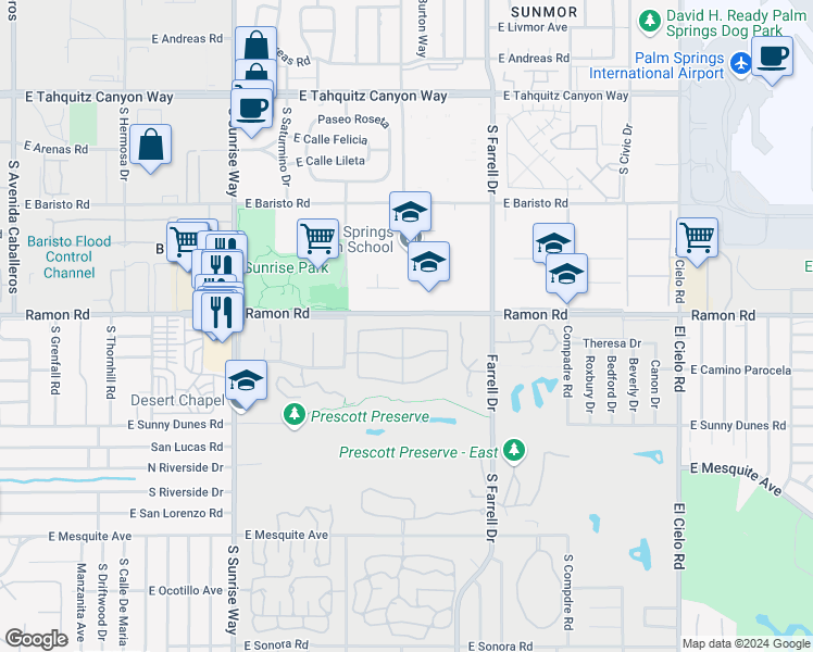 map of restaurants, bars, coffee shops, grocery stores, and more near 2208 North Sunshine Circle in Palm Springs