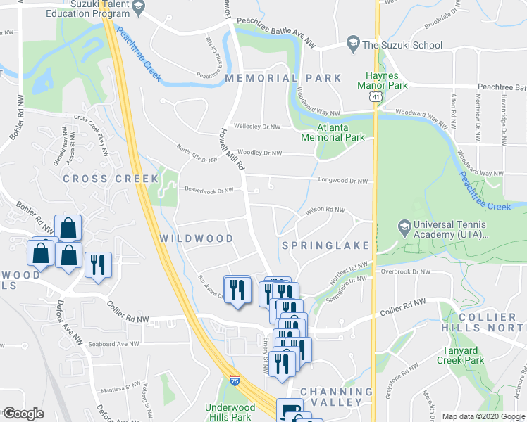 map of restaurants, bars, coffee shops, grocery stores, and more near 820 Wilson Road Northwest in Atlanta